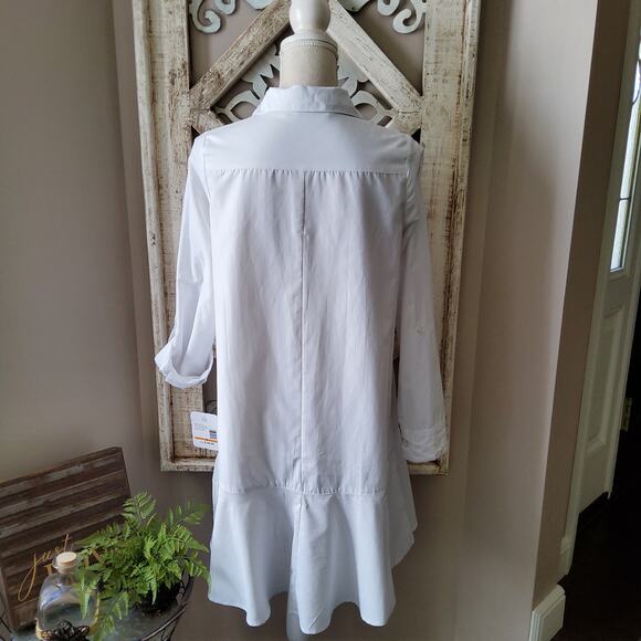 Emily Daniels Women's Small Roll Tab Sleeve Button Collar Flounce Dress in White - Picture 3 of 10